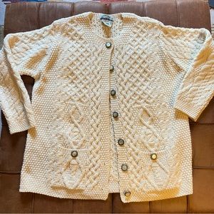 Aran Crafts Cream Merino Wool Cardigan Sweater With Pockets and Pearl Buttons